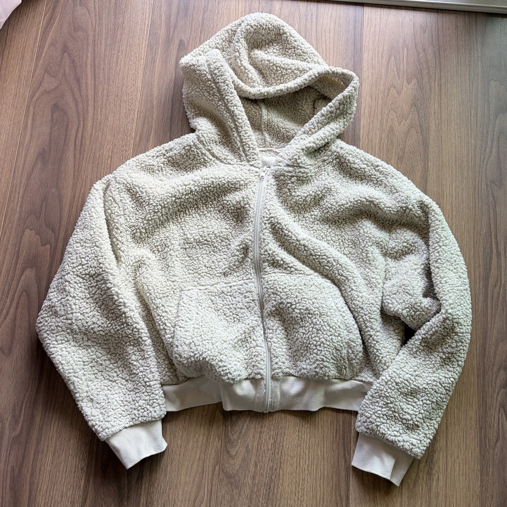 SKIMS Jacket Womens Small Beige Teddy Sherpa Fleece Cropped Full Zip‎ Hoodie